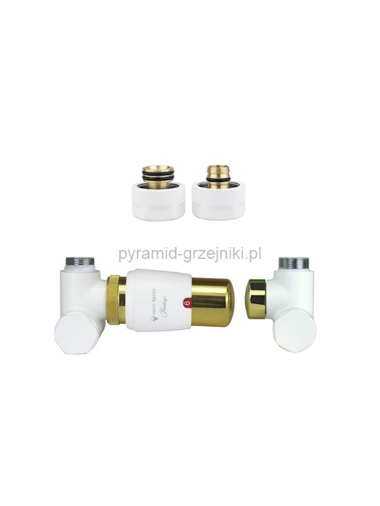 Zawór termostatyczny do grzałki 50mm INTEGRA GLAMOUR ze złączką CU/PEX/ GZ1/2 /GW1/2 - pex 16 mm lewy biały mat ze złotym 